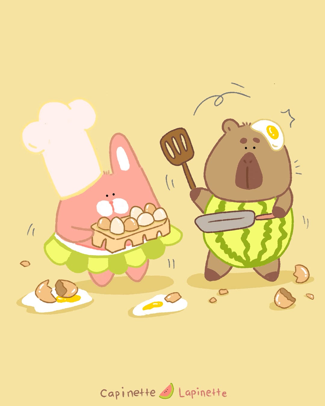 What’s for breakfast for Capi and Lapi? 
.
#illustration #可愛い #kawaiiillustration #capybara #bunny